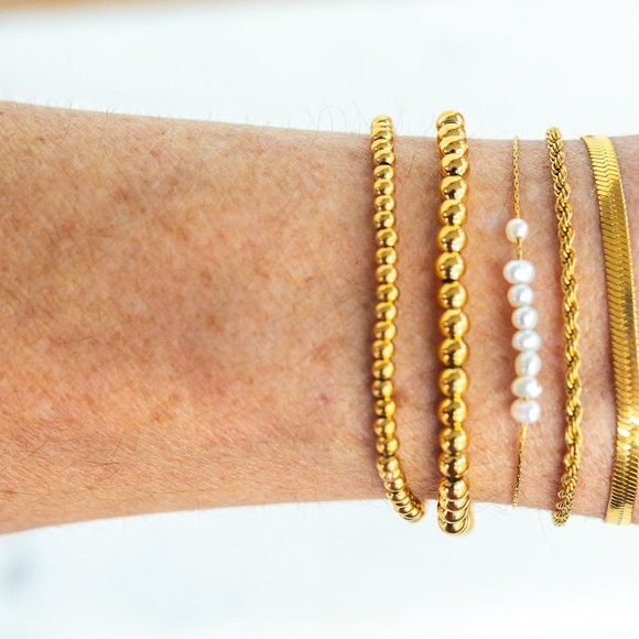Bundle 2 Gold Beaded Stretch Bracelets EASY to wear WATERPROOF Gold Bracelets - Picture 13 of 14